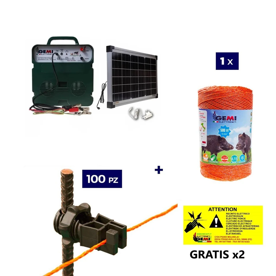 Electric Fencing Complete kit with solar panel: 12V energizer and 500m 6mm² wire for electric fence
