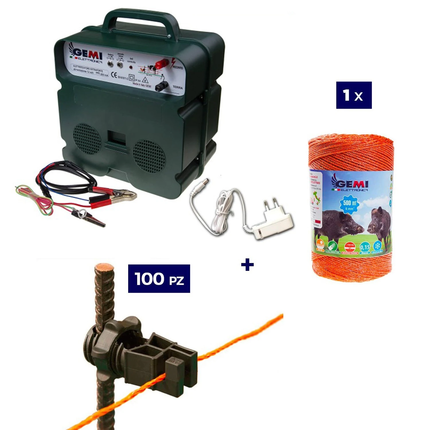 Electric Fencing Complete kit for wild boars with 12/220V energizer and 500m 6mm² wire for iron posts for electric fence